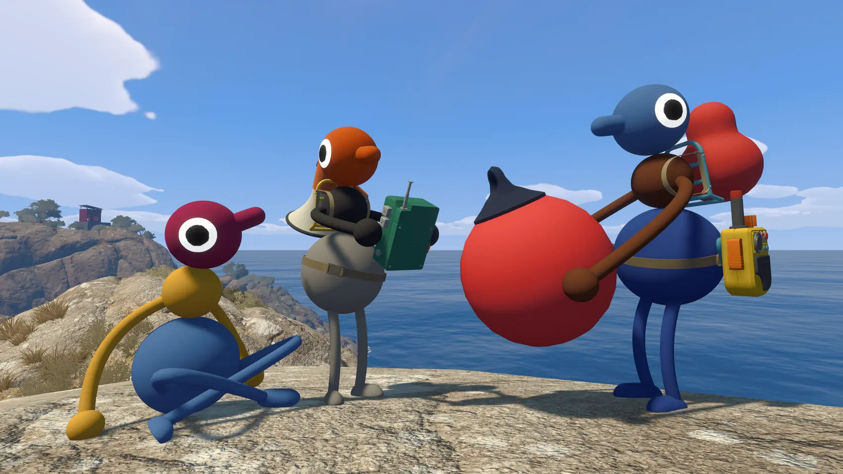 A group of Big Walk characters carrying tools beside the coast