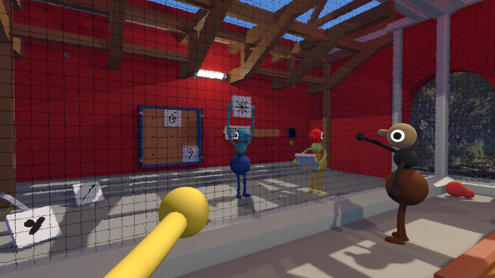 Players exchange clues inside a red Big Walk communication puzzle room