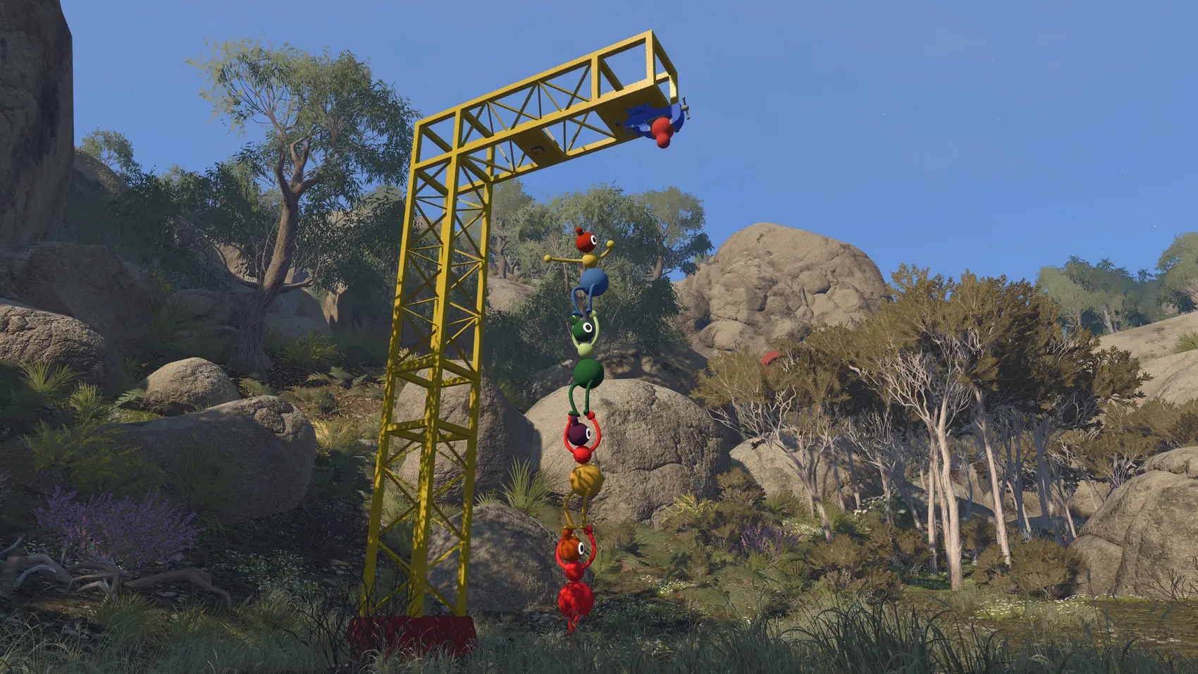 Big Walk players stacking together to reach a high crane